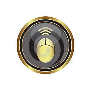 Computer mouse on the black with gold round button.