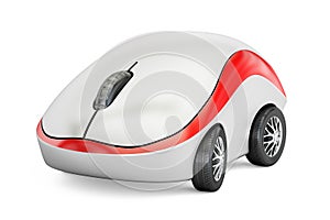 Computer Mouse on car wheels, 3D rendering