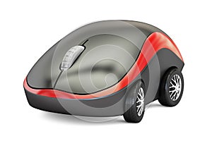 Computer Mouse with car wheels, 3D rendering