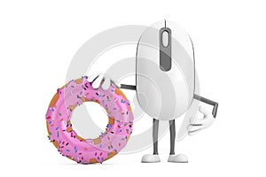 Computer Mouse Cartoon Person Character Mascot with Big Strawberry Pink Glazed Donut. 3d Rendering