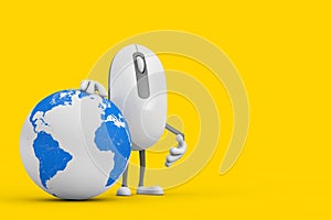 Computer Mouse Cartoon Person Character Mascot with Earth Globe. 3d Rendering