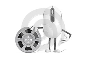 Computer Mouse Cartoon Person Character Mascot with Film Reel Cinema Tape. 3d Rendering