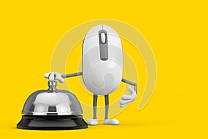 Computer Mouse Cartoon Person Character Mascot with Hotel Service Bell Call. 3d Rendering