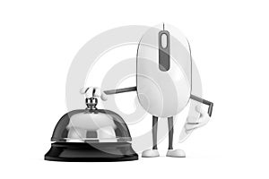 Computer Mouse Cartoon Person Character Mascot with Hotel Service Bell Call. 3d Rendering