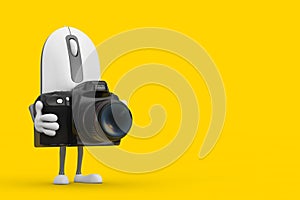 Computer Mouse Cartoon Person Character Mascot with Modern Digital Photo Camera. 3d Rendering