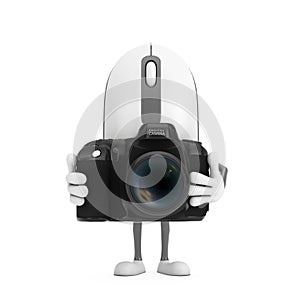 Computer Mouse Cartoon Person Character Mascot with Modern Digital Photo Camera. 3d Rendering