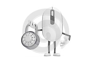 Computer Mouse Cartoon Person Character Mascot with Silver Combination Padlock. 3d Rendering