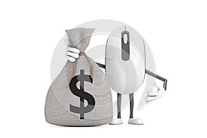 Computer Mouse Cartoon Person Character Mascot and Tied Rustic Canvas Linen Money Sack or Money Bag with Dollar Sign. 3d Rendering