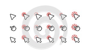 Computer mouse click cursor arrow icons set. Pointer icon. Cursor badge. Mouse click cursor collection. Vector on isolated white