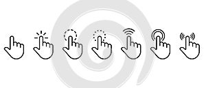 Computer mouse click cursor arrow, vector icons set. Clicking cursor, pointing hand clicks and pointer click