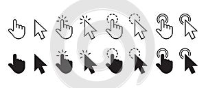Computer mouse click cursor arrow, vector icons set. Mouse and pointer click cursor and collection