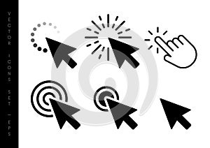 Computer mouse click cursor black arrow icons set. Vector illustration