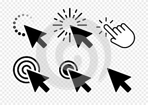 Computer mouse click cursor black arrow icons set. Vector illustration