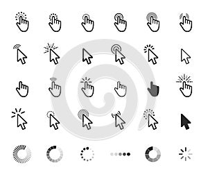 Computer mouse click cursor gray arrow icons set and loading icon. Vector illustration.