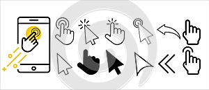 Computer mouse click cursor gray arrow icons set and loading icons. Cursor icon. Vector illustration. Mouse click cursor