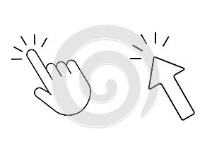 Computer mouse click cursor icon, vector arrow and finger clicking