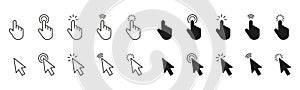 Computer Mouse Click Cursor Set. Hand and Arrow Pointer Pictogram on White Background. Black Finger Web Click Pointer