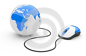 Computer mouse connected to a globe.