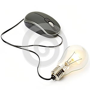 Computer mouse connected to light bulb