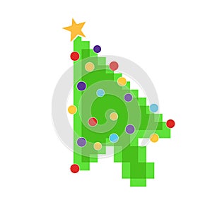 Computer mouse cursor arrow pointer like green christmas tree with balls and star.