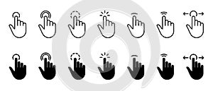 Computer Mouse Cursor Finger Line and Silhouette Icon Set. Hand Pointer Gesture on Website Black Pictogram Set. Click