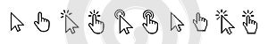 Computer mouse cursor icon set, arrow and hand pointers with loading symbol, click cursor for UI and web apps