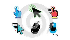 Computer mouse and cursor icons with clicking hand pointers for digital interface navigation and user interaction vector