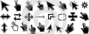 Computer mouse cursor icons and pointer hand symbol set in black vector for interface and web design