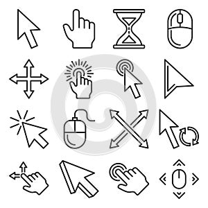 Computer Mouse Cursor Icons Set on White Background. Line Style Vector