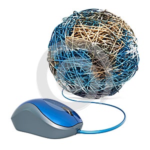 Computer mouse with Earth Globe from lan cable. Global Network concept. 3D rendering