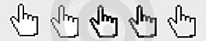 Computer mouse hand 8 bit pixel click cursor. Pointer finger pixelated cursor.