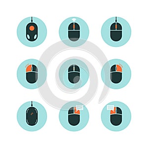 Computer Mouse with Highlighted Functions. Flat Style Vector Icon Set