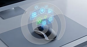 Computer Mouse with Hologram Interface on Desk for Digital Technology