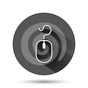 Computer mouse icon in flat style. Cursor vector illustration on black round background with long shadow effect. Pointer circle
