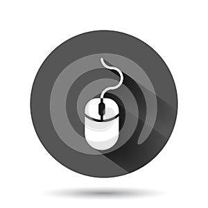 Computer mouse icon in flat style. Cursor vector illustration on black round background with long shadow effect. Pointer circle