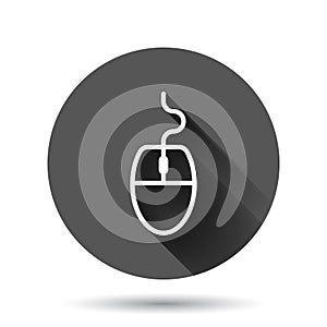 Computer mouse icon in flat style. Cursor vector illustration on black round background with long shadow effect. Pointer circle