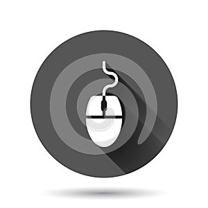 Computer mouse icon in flat style. Cursor vector illustration on black round background with long shadow effect. Pointer circle
