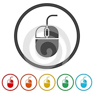 Computer mouse icon. Set icons in color circle buttons