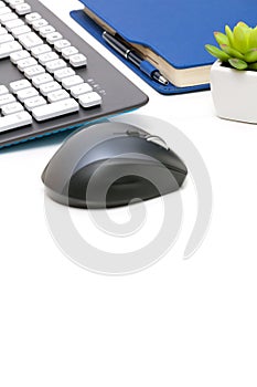 Computer mouse, keyboard, agenda and plant on white background