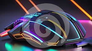 Computer mouse with neon lights on a dark background. 3d rendering.