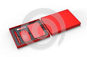 Computer mouse,pen,power bank and OTG pen drive gift set for promotional branding. 3d render illustration.