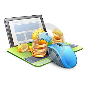 Computer mouse pointing coins in direction of tablet