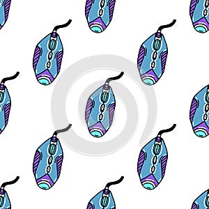 Computer mouse seamless vector pattern. Device for office, games, internet. Laser or optical gadget with wire. Bright blue-violet