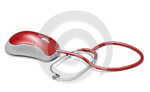 Computer mouse and stethoscope on white background