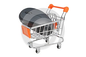 Computer mouse in supermarket pushcart isolated on