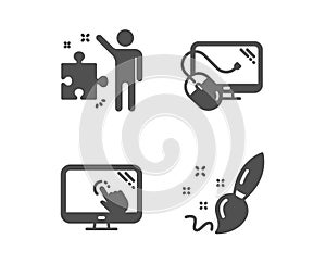 Computer mouse, Touch screen and Strategy icons. Paint brush sign. Pc component, Web support, Business plan. Vector