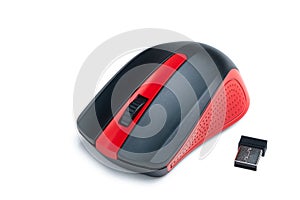 Computer mouse wireless with receiver USB isolated on white background, black and red, plastic