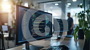 computer with multiple monitors displaying code in a dimly lit environment, suggesting a focus on programming or