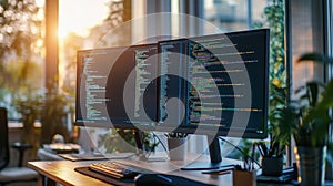 computer with multiple monitors displaying code in a dimly lit environment, suggesting a focus on programming or