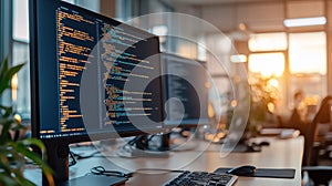 computer with multiple monitors displaying code in a dimly lit environment, suggesting a focus on programming or